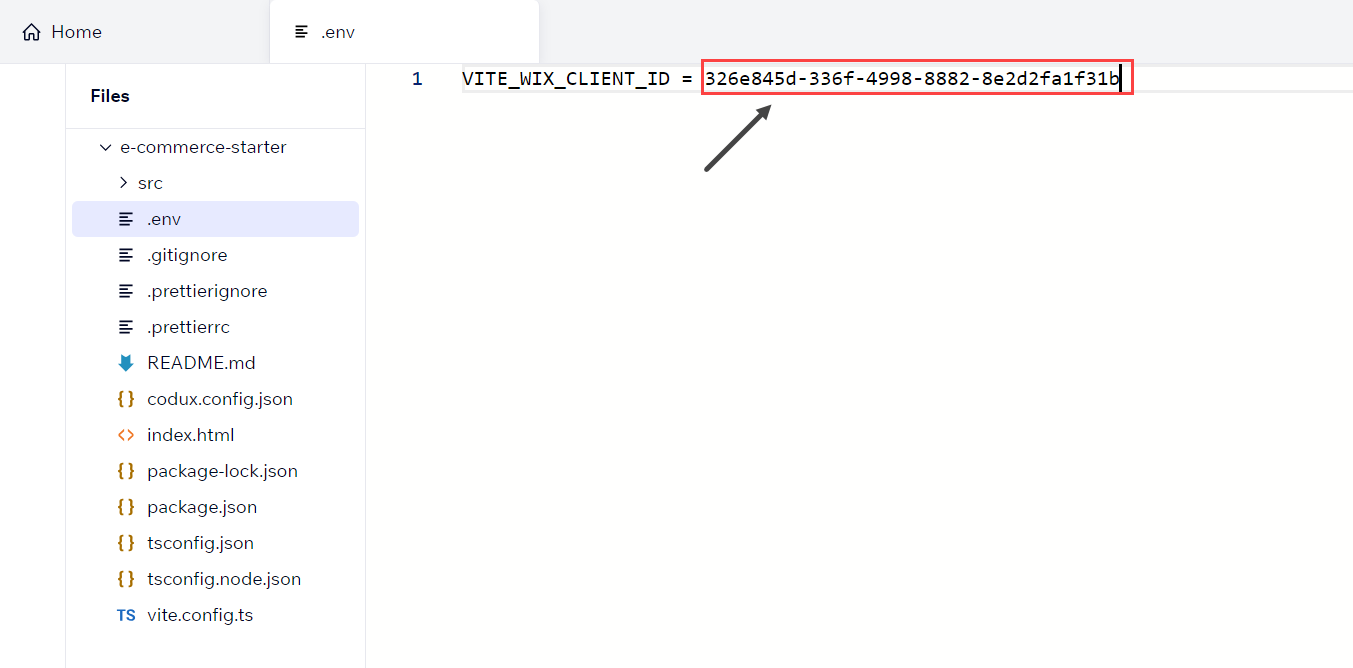 Screenshot of the Codux files menu / editor with the .env file highlighted, showing the environment variable ‘VITE_WIX_CLIENT_ID’ storing the Wix API key.