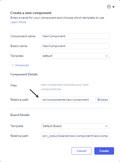 A screenshot of the Codux interface for creating a new component, showing various input fields for component details and options to use a board template for the new component.