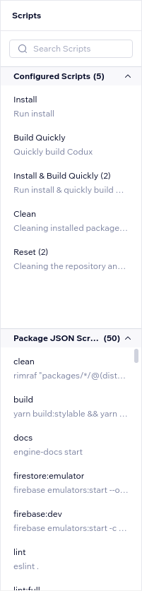 Scripts panel, listing Configured and Package JSON script titles and descriptions.