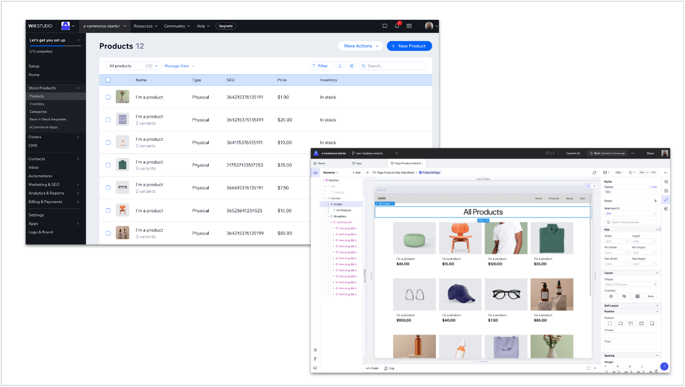 Codux eCommerce Starter project, as displayed in Codux, with Wix Store product management in the background.