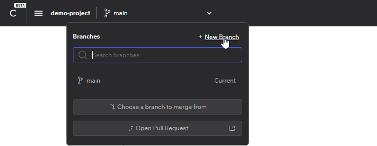 Selecting New Branch from branches dialog in Codux.